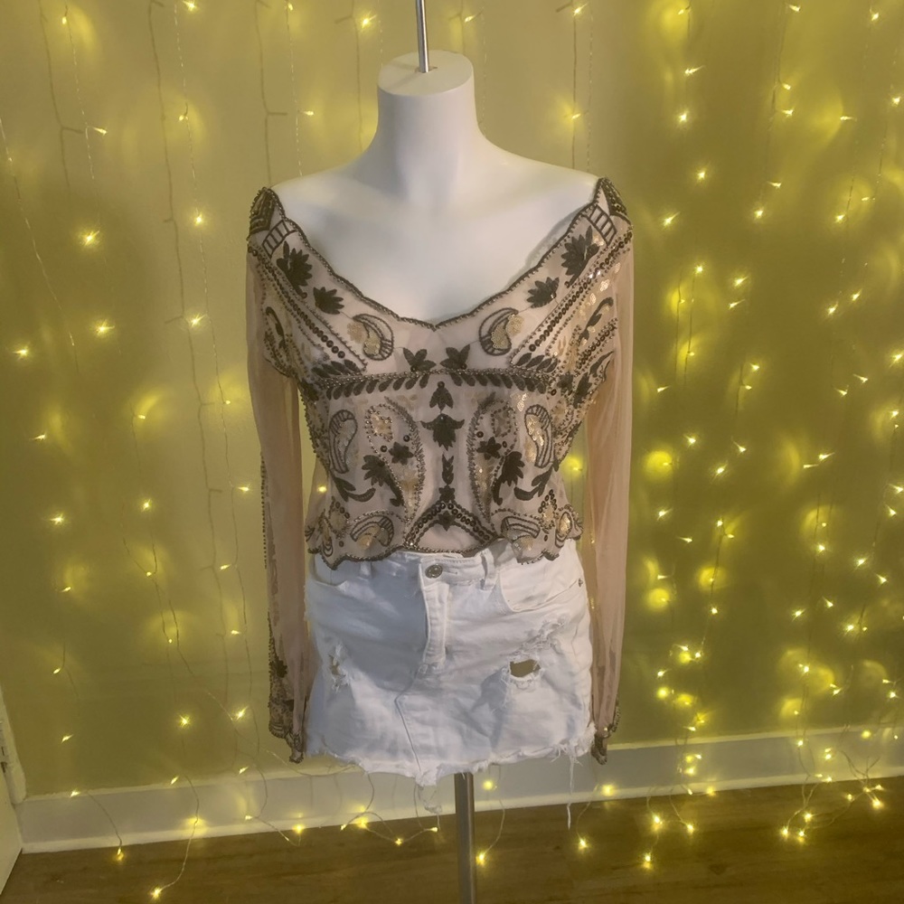 Embellished long sleeve mesh top